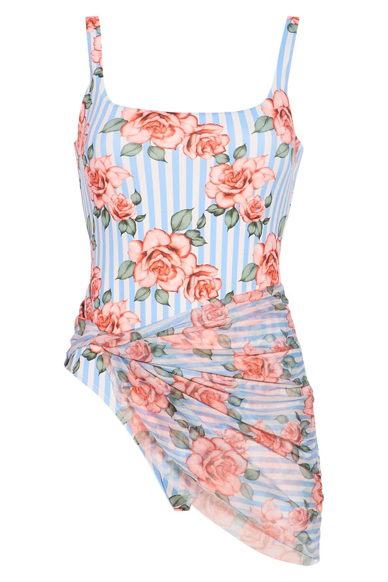 Mesh Overlay One-Piece Swimsuit, Alternate, color, CORAL STRIPED GROUND