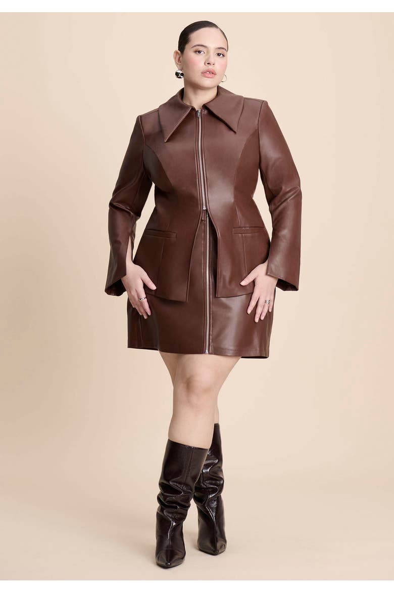 Faux Leather Split Hem Jacket, Alternate, color, CHOCOLATE FONDANT