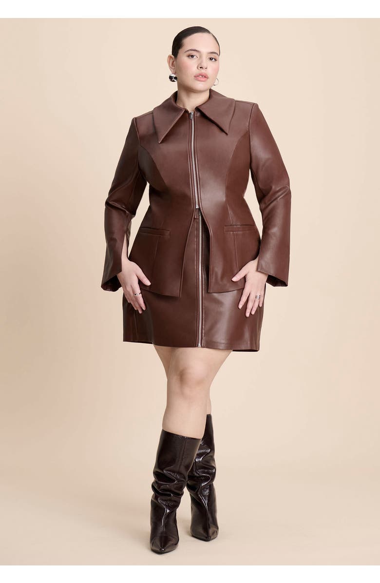 ELOQUII Faux Leather Split Hem Jacket, Alternate, color, Chocolate Fondant