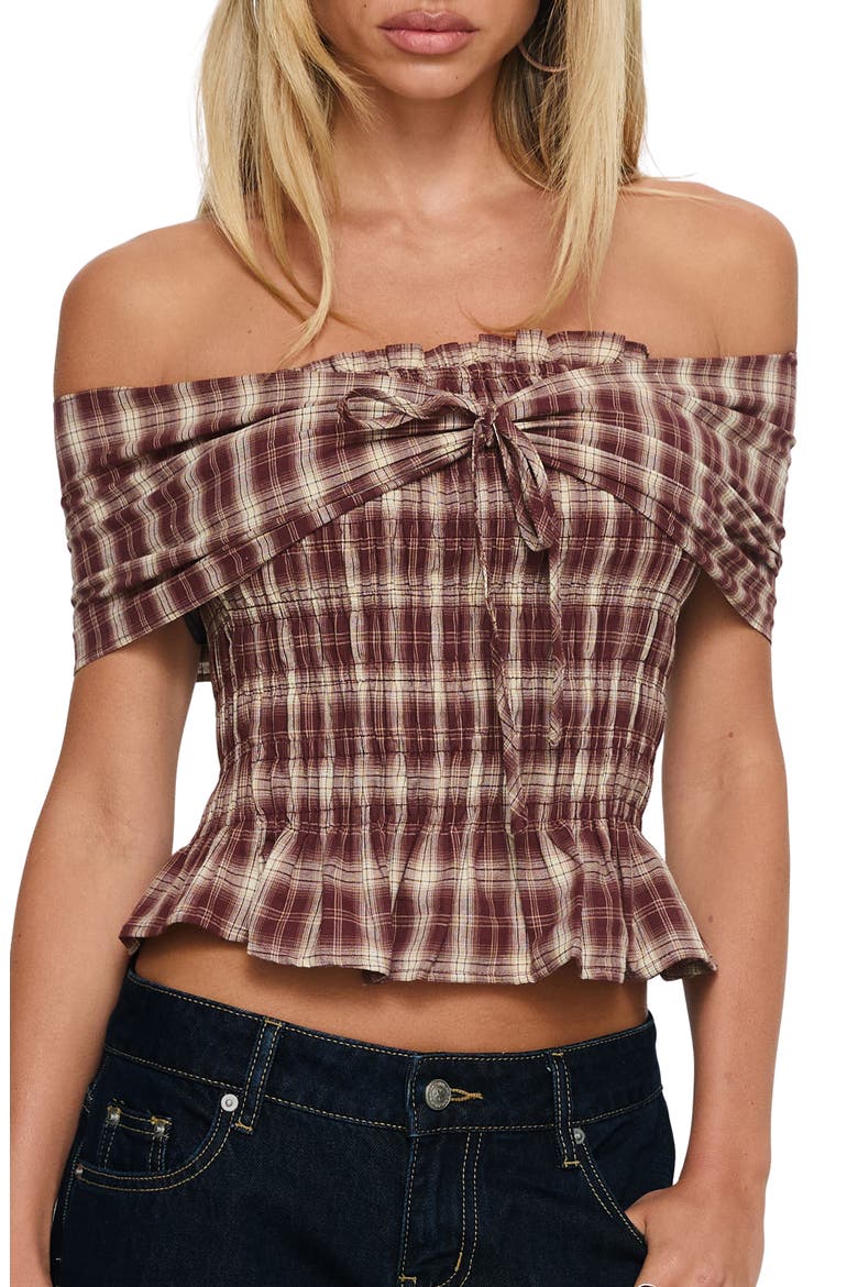 Avalynn Check Smocked Off the Shoulder Top, Main, color, BROWN CHECK