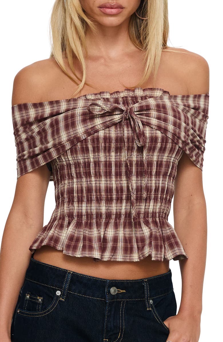 Princess Polly Avalynn Check Smocked Off the Shoulder Top, Main, color, Brown Check
