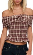 Princess Polly Avalynn Check Smocked Off the Shoulder Top