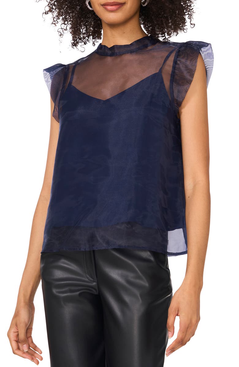 Vince Camuto Mock Neck Cap Sleeve Organza Top, Main, color, Classic Navy