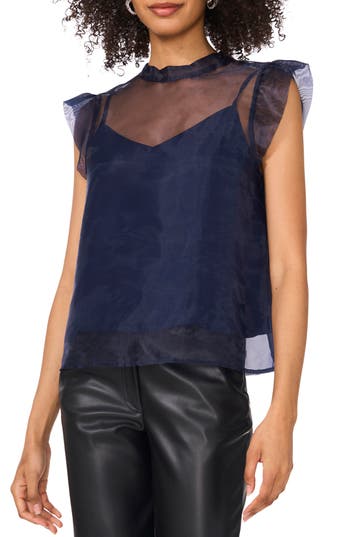 Vince Camuto Mock Neck Cap Sleeve Organza Top