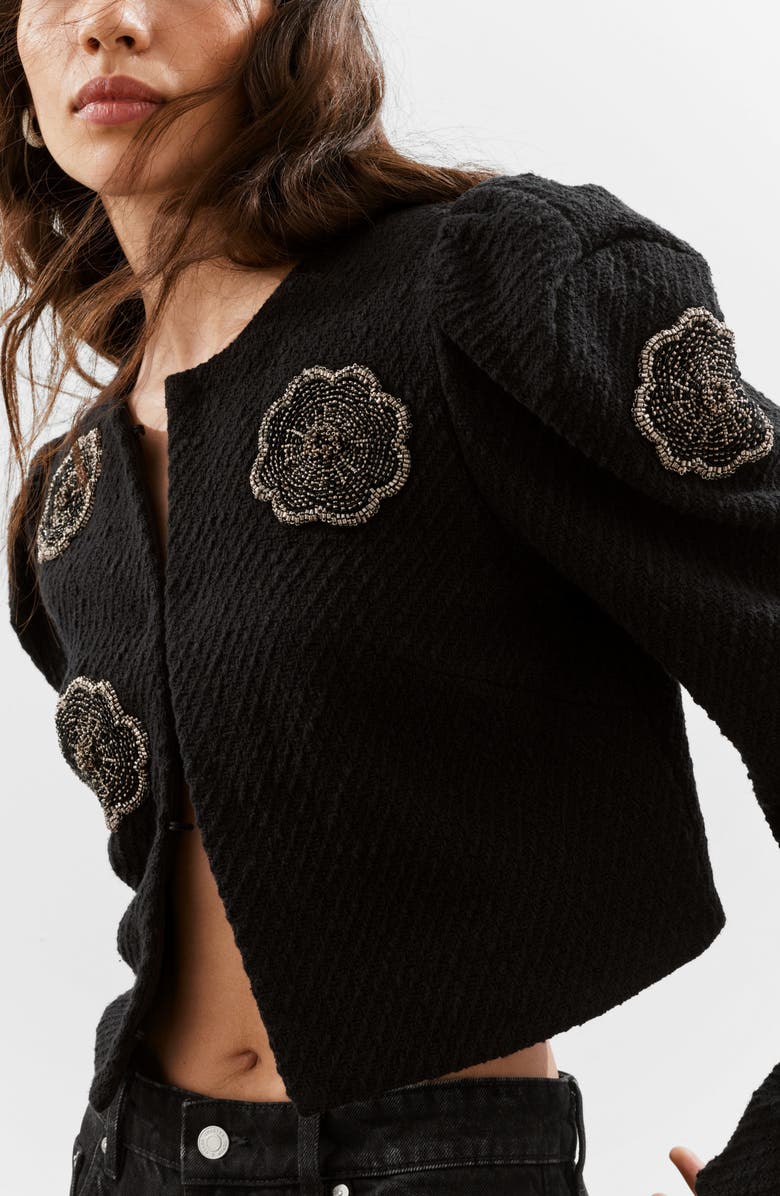 & Other Stories Embellished Crop Tweed Jacket, Alternate, color, Black Dark