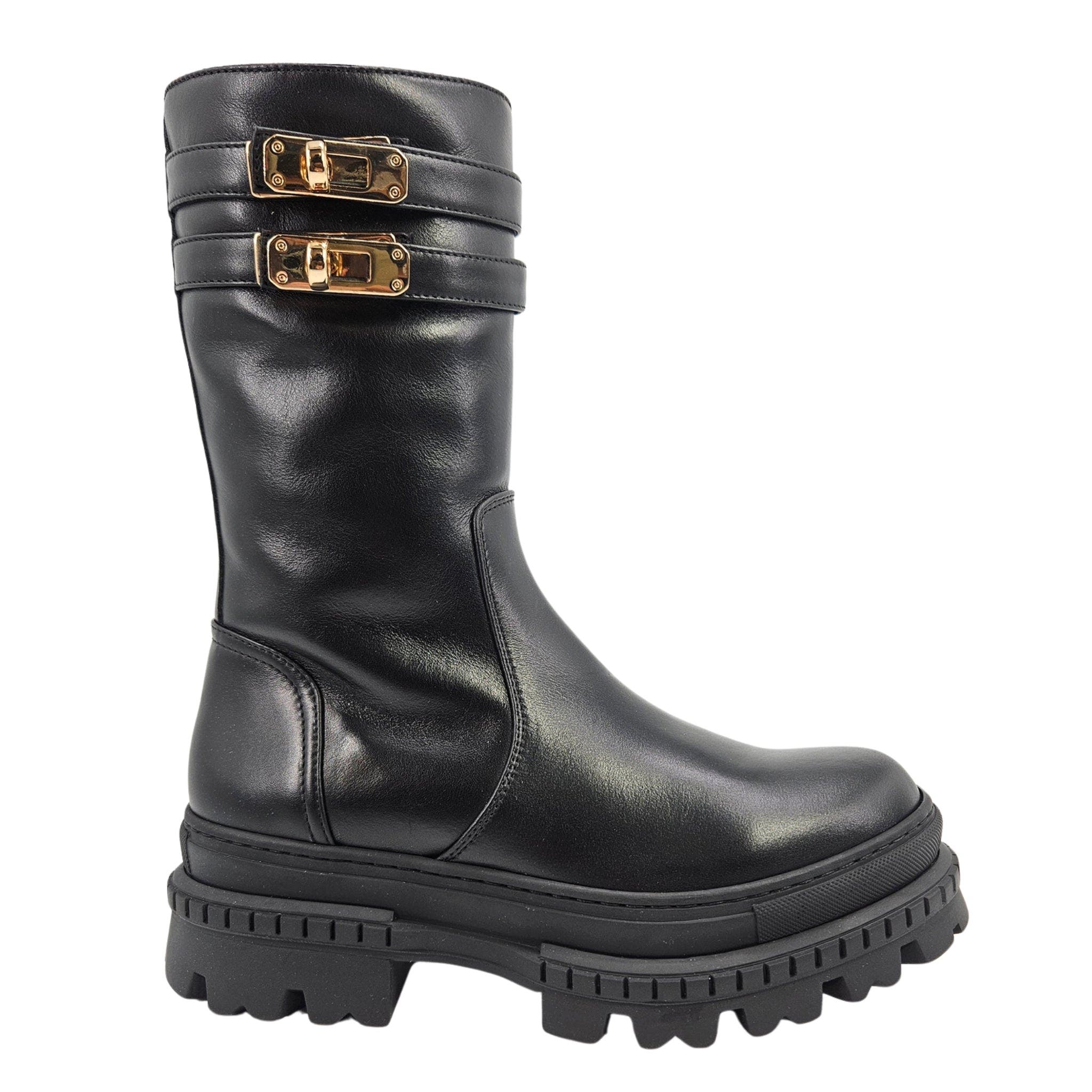 Shearling Lined Buckle Strap Platform Boots, Main, color, black