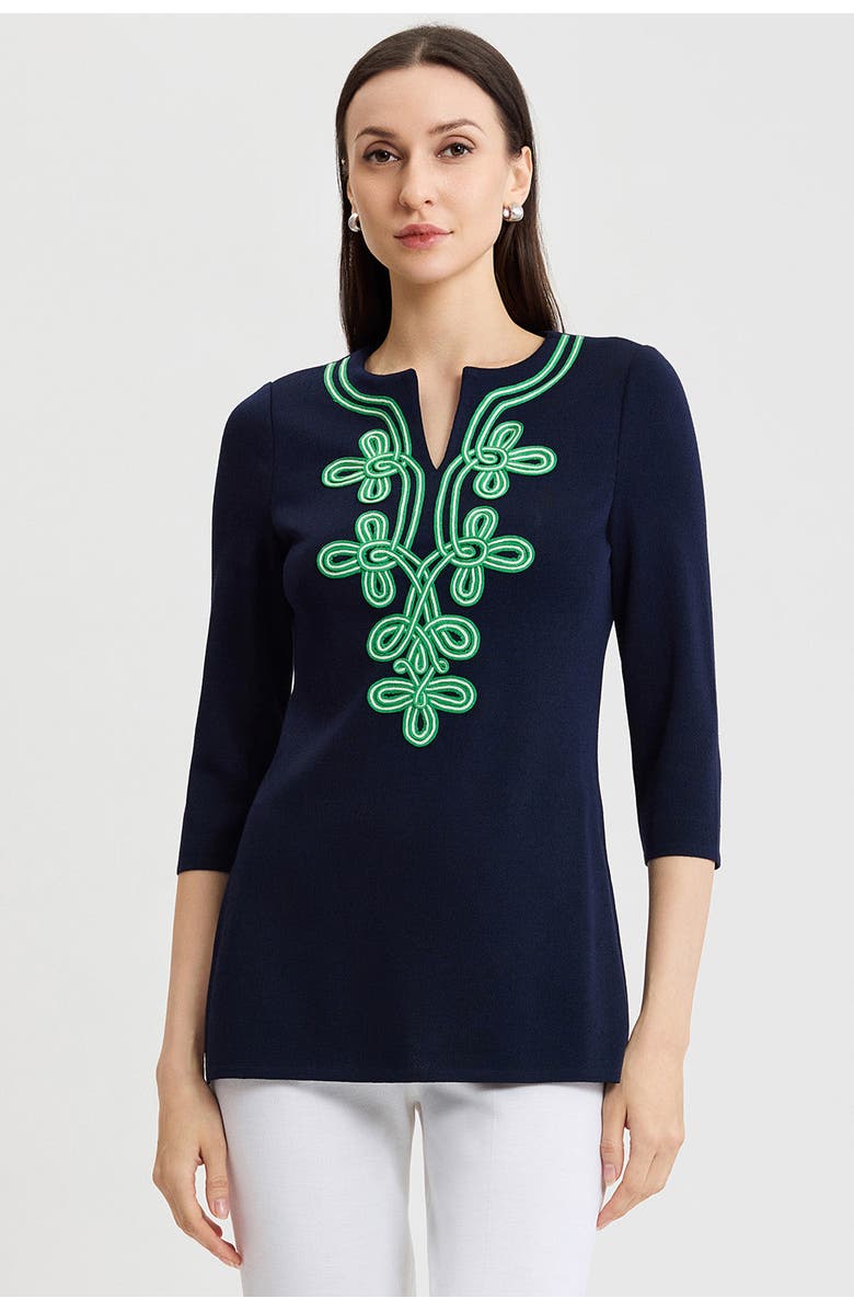 Ming Wang Classic Soutache Soft Knit Tunic, Alternate, color, Indigo/Kelly Green/Ivory
