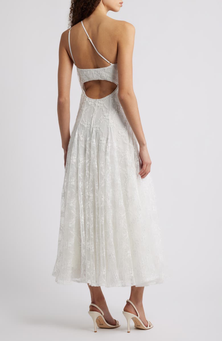 Black Halo Athena Crimped Lace One-Shoulder Midi Dress, Alternate, color, Chantilly White