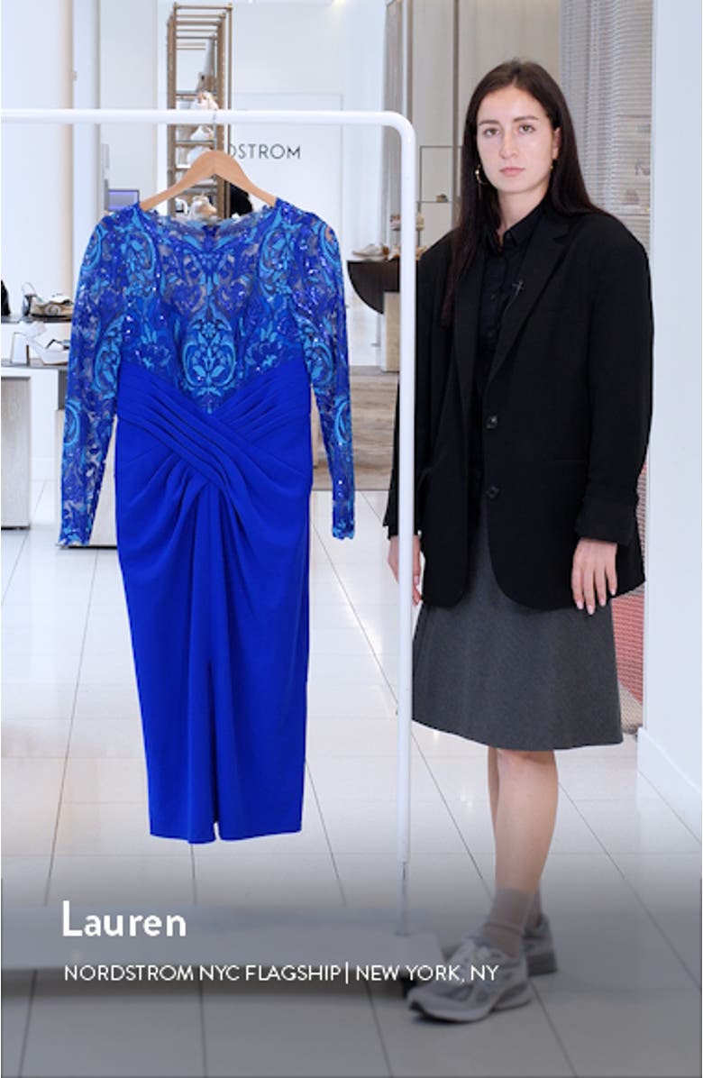 Sequin Crepe Long Sleeve Sheath Dress, sales video thumbnail