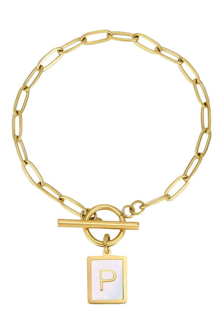 18K Gold Plated Mother-of-Pearl Initial Charm Toggle Bracelet, Main, color, WHITE/ GOLD-P