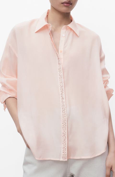 Modal Blend Button-Up Shirt with Rhinestone Detail