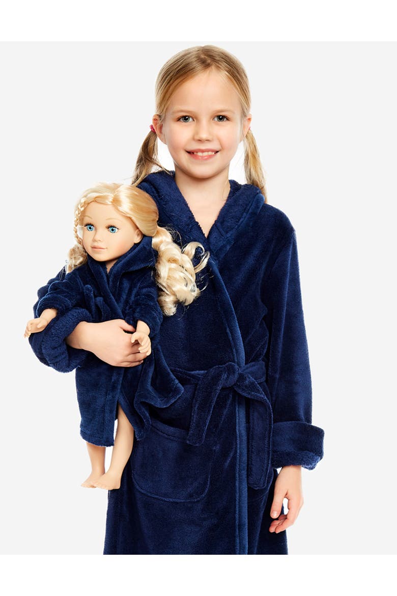 Girls Fleece Hooded Robe with Matching Doll Robe, Alternate, color, Navy