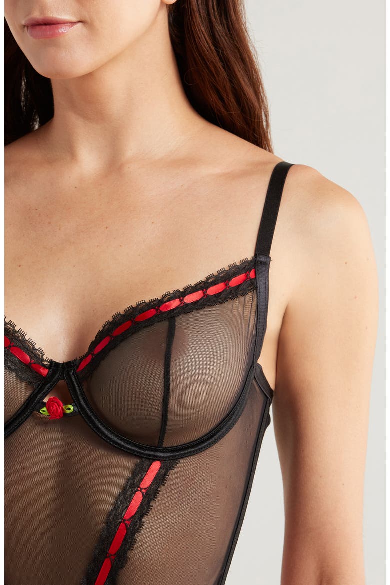 Mesh Underwire Bustier & G-String Set, Alternate, color, BLACK