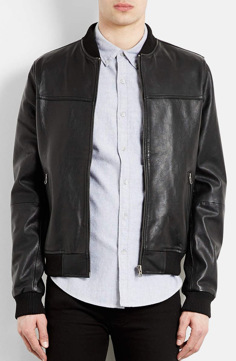 Topman Leather Bomber Jacket, Main, color, 