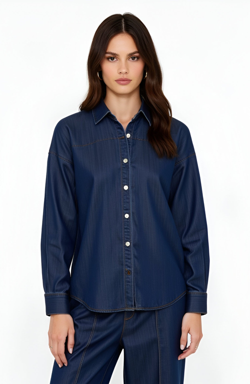 Modenaire Classic Button-up Denim Shirt With Contrast Stitching And Long Sleeves In Blue
