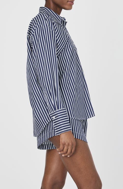Shop French Connection Alexis Stripe Oversize Crossover Cotton Button-up Shirt In Marine Summer White