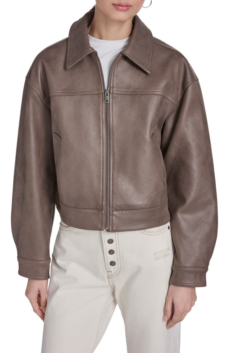 Faux Leather Zip Jacket, Main, color, PINE BARK FAUX SUEDE