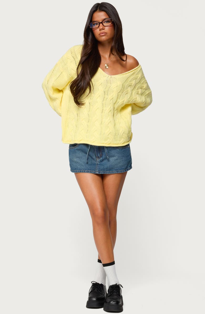 EDIKTED Inga Oversize Off the Shoulder Cable Sweater, Alternate, color, Yellow