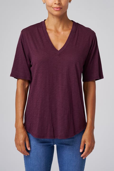 Slub Jersey V-Neck Elbow Sleeve Tee