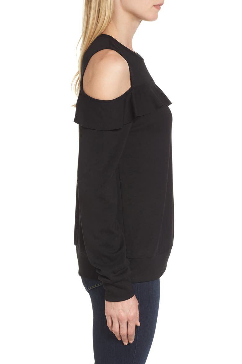 Ruffle Front Cold Shoulder Sweatshirt, Alternate, color, BLACK
