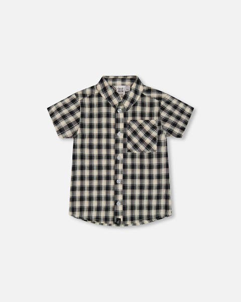 Little Boy's Short Sleeve Button Down Shirt Black And Beige Plaid