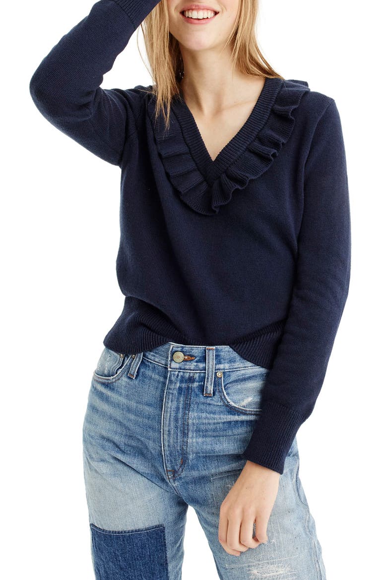 Ruffle V-Neck Sweater, Main, color, DEEP NAVY