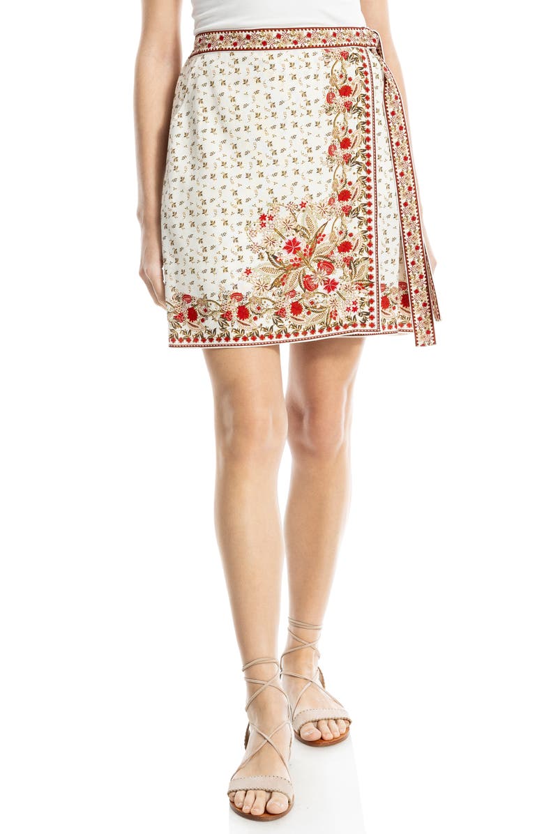 MAX STUDIO Embroidered Border Print Wrap Miniskirt, Main, color, Crm/ Red Paisley Harmony