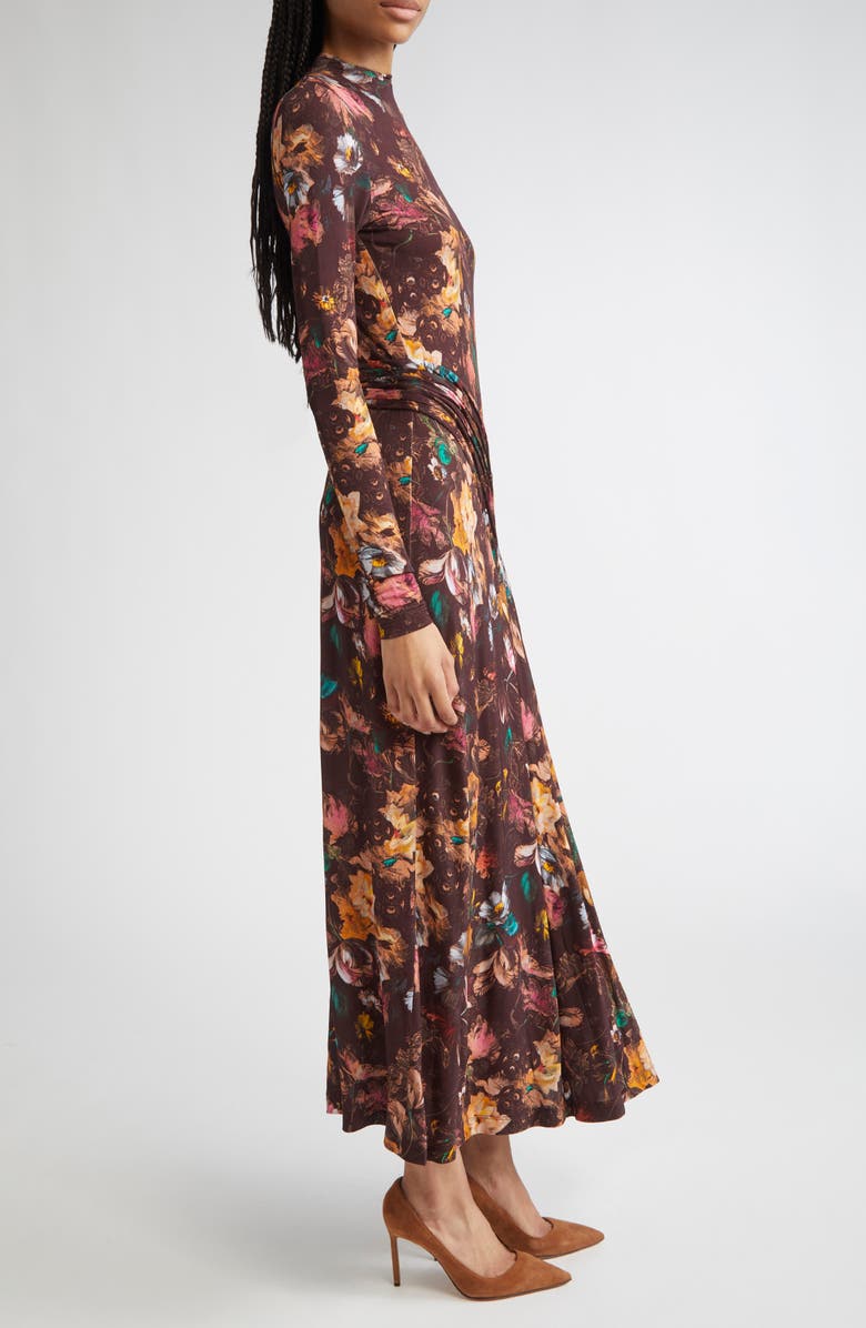 Lela Rose Long Sleeve Floral Draped Front Jersey Maxi Dress, Alternate, color, Brown Multi