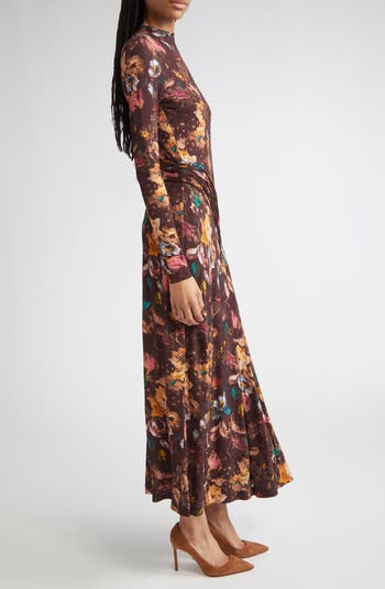 Long Sleeve Floral Draped Front Jersey Maxi Dress