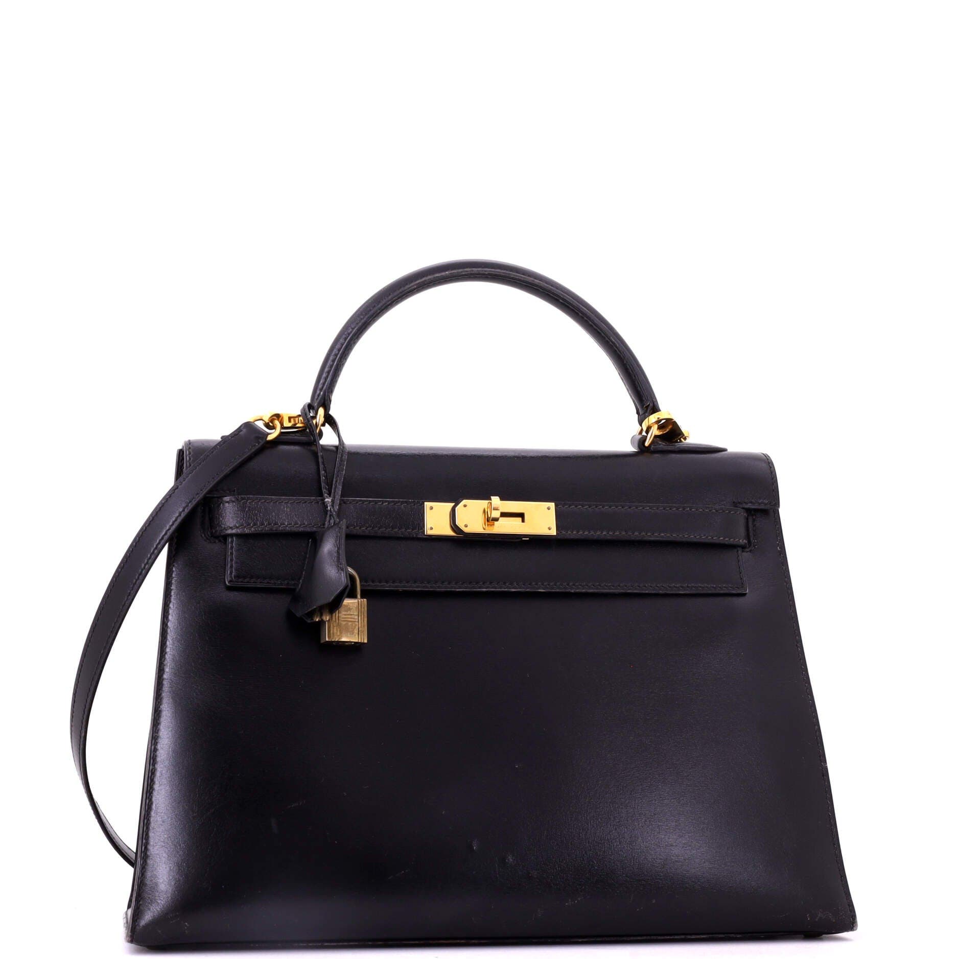 Pre-Owned Hermes Kelly Handbag Black Box Calf with Gold Hardware 32, Alternate, color, Noir