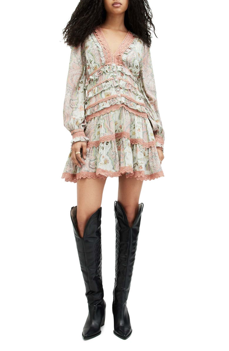 AllSaints Zora Cascade Long Sleeve Dress, Main, color,