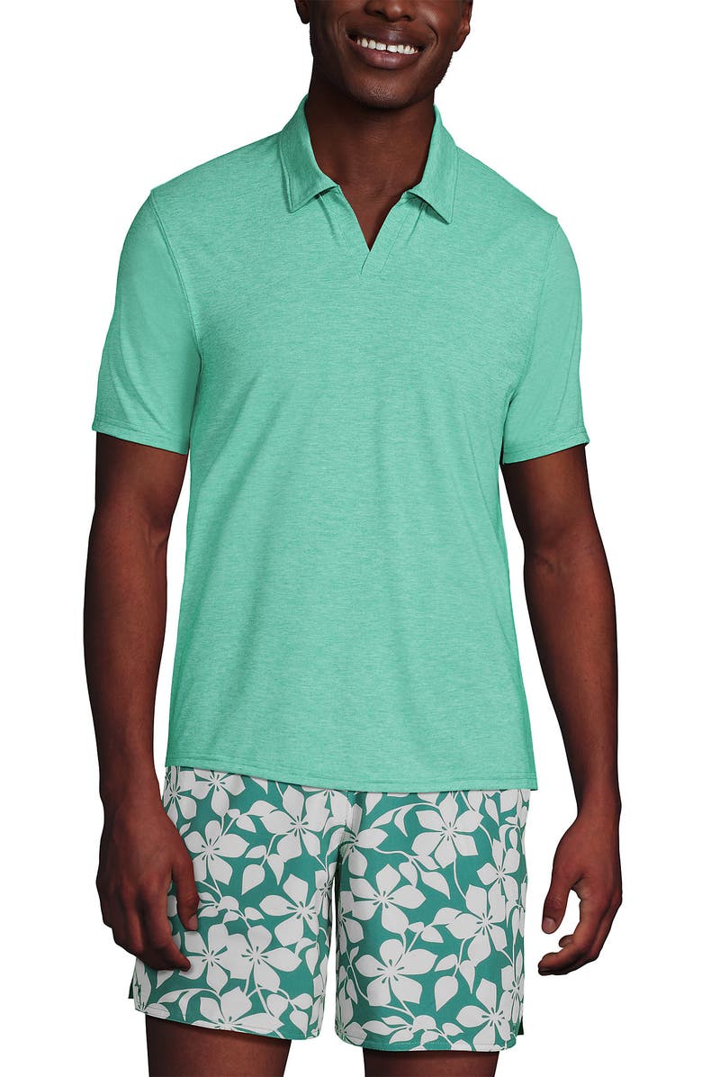 Lands' End UPF 50 Short Sleeve Johnny Collar Polo Rash Guard Shirt, Main, color, Frosted Green Heather