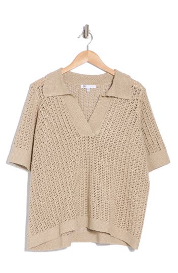 Dr2 By Daniel Rainn Open Stitch Polo Sweater In Matte Gold