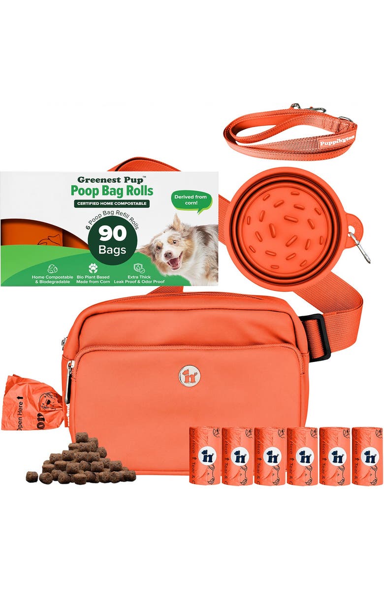 Puppington Walk Star Kit 3-in-1 Dog Walk Bag, Bowl, & Leash plus Matching 90 Refill Dog Poop Bags, Main, color, Poppy Orange