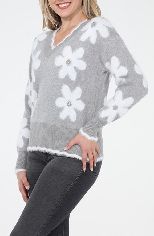Rain And Rose Rhinestone Embellished V-neck Sweater In Gray