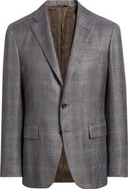 Canali Kei Trim Fit Brown Mélange Shadow Plaid Wool & Silk Blend Sport Coat