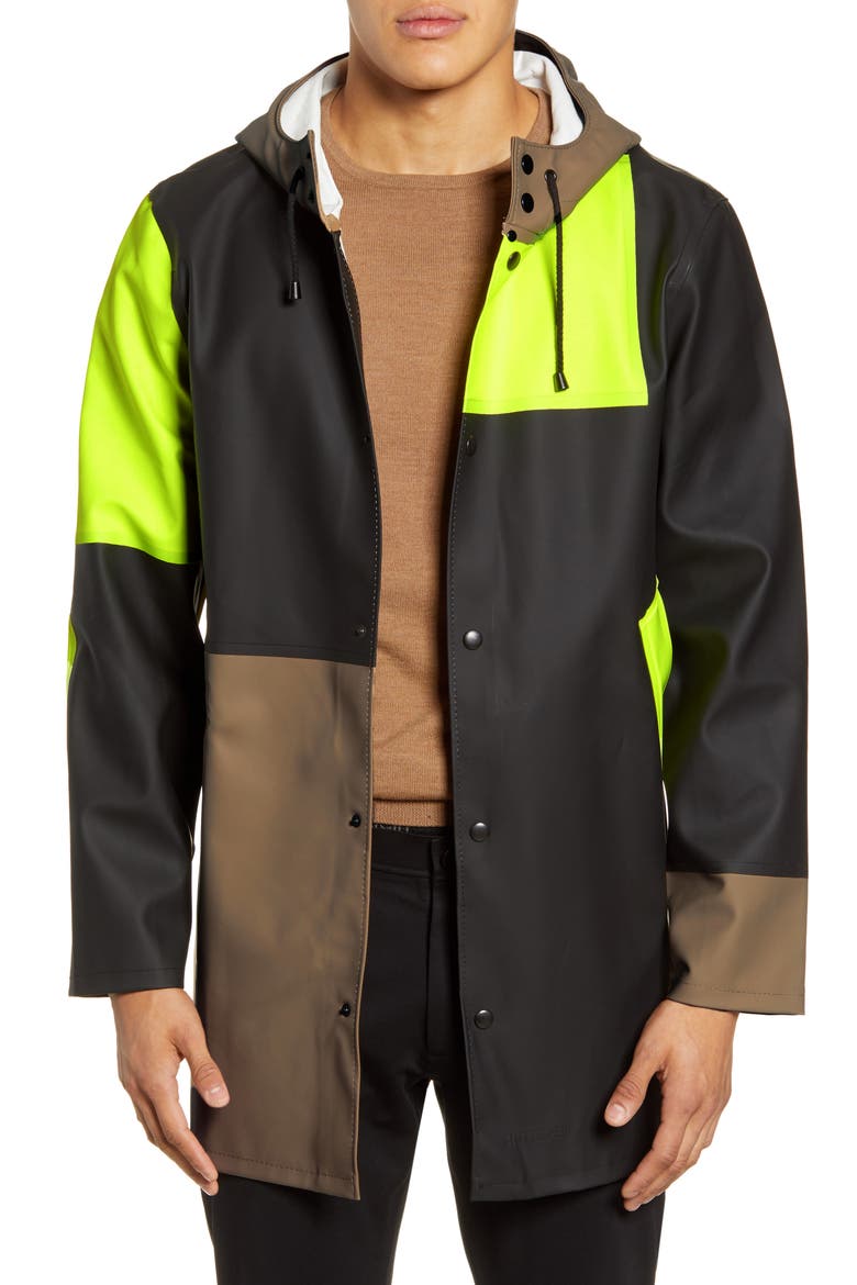Patchwork Waterproof Hooded Raincoat, Main, color, TOBACCO