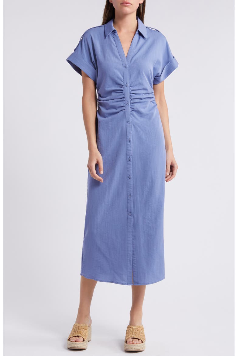 Ruched Spread Collar Midi Shirtdress, Main, color, BLUE