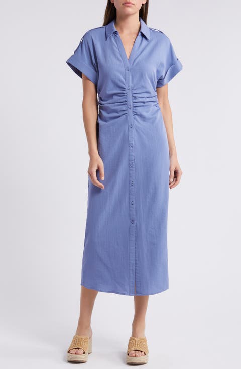 Ruched Spread Collar Midi Shirtdress