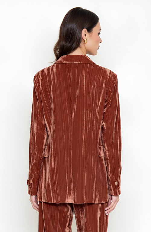 Modenaire Velvet Single-breasted Blazer With Shawl Collar And Flap Pockets In Brown