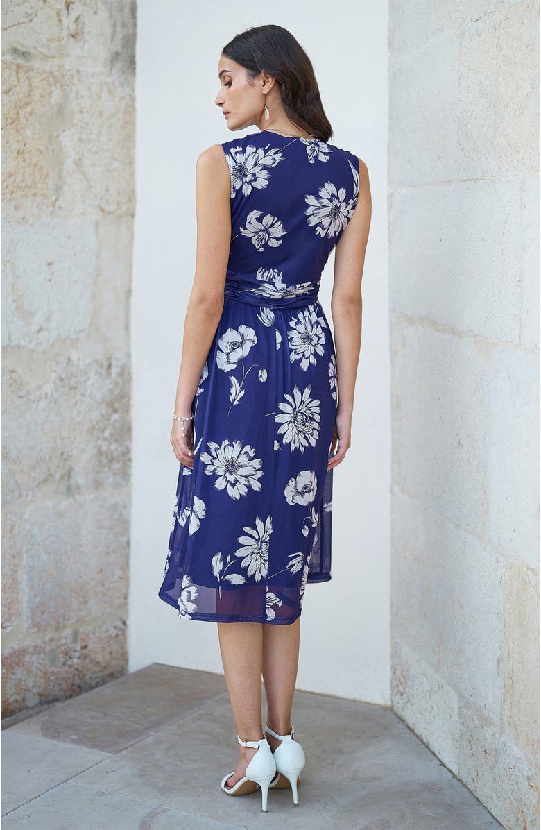 Yumi Floral Print Stretch Mesh Dress, Alternate, color, Navy