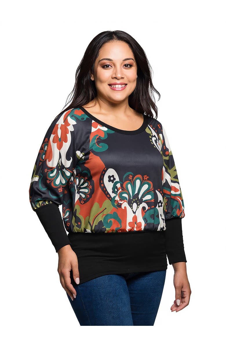 24seven Comfort Apparel Curvy Essential Paisley Print Dolman Sleeve Banded Top, Alternate, color, Grey Multi