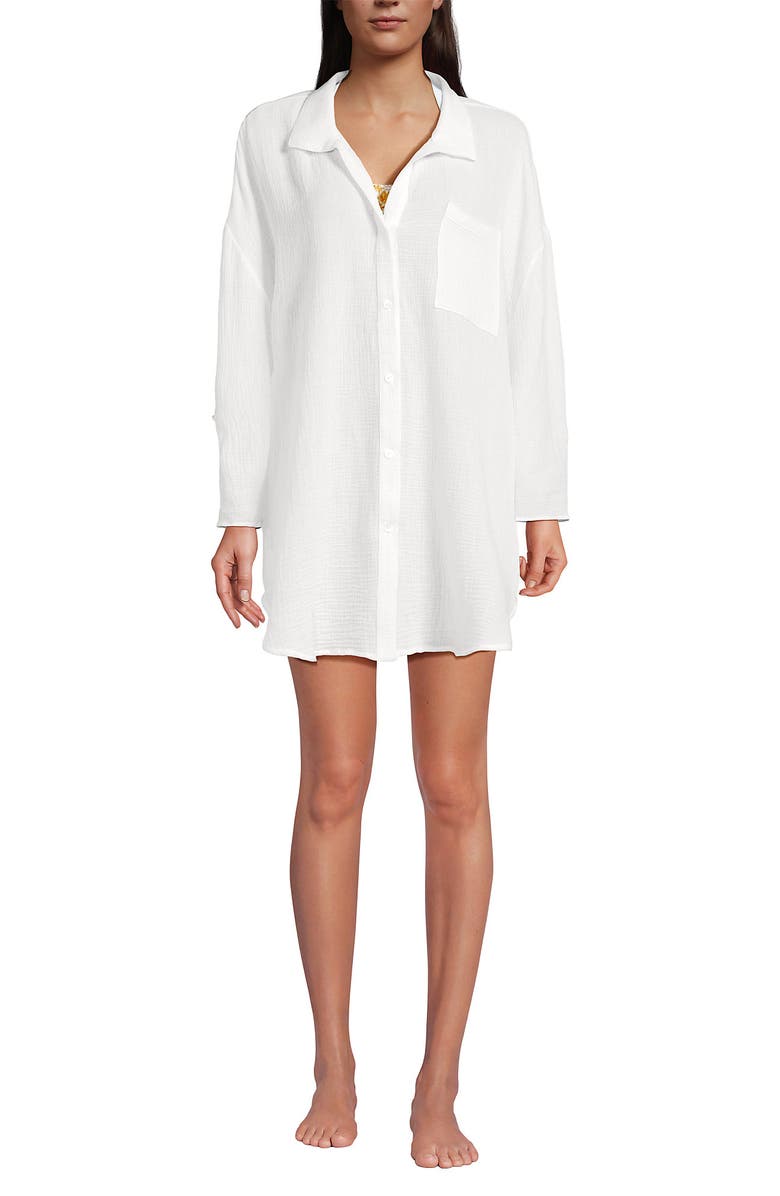 Lands' End Oversized Gauze Button Front Cover-Up Shirt, Alternate, color, White