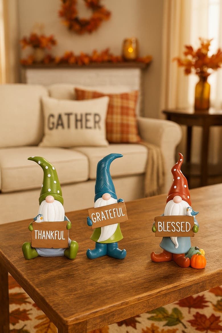 Standing Gnome Holding "Grateful" Sign Thanksgiving Figurine, Alternate, color, Blue