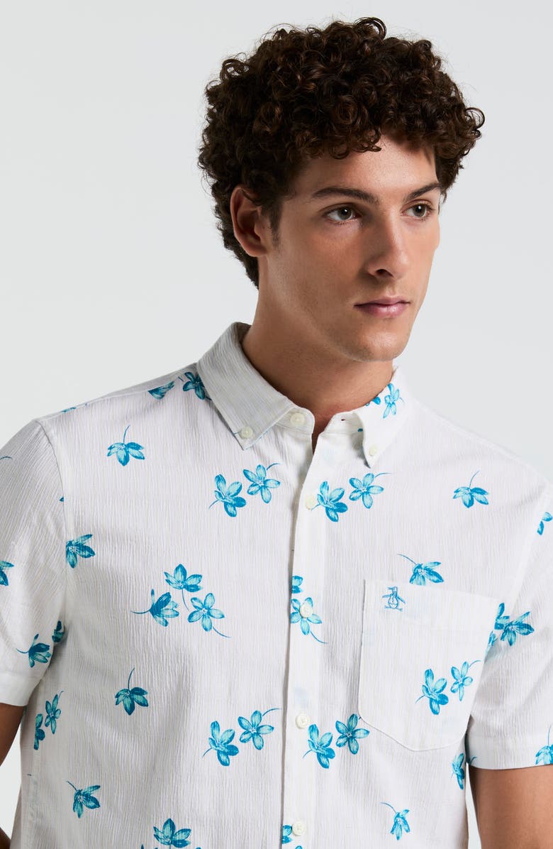 Original Penguin Floral Short Sleeve Cotton & Viscose Seersucker Button-Down Shirt, Alternate, color, Bright White