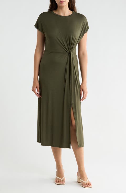 Front Knot Cap Sleeve Midi Dress