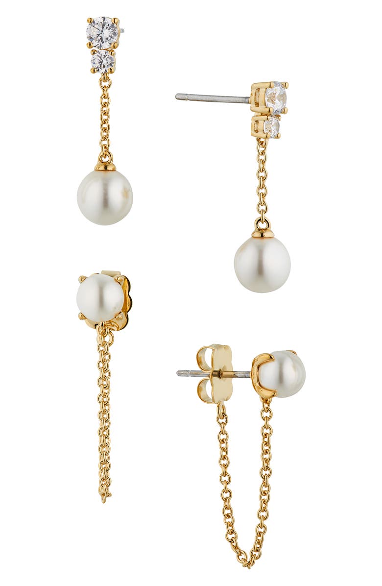 Nadri Dot Dot Dot Set of 2 Imitation Pearl Stud Drop Earrings, Main, color, Gold