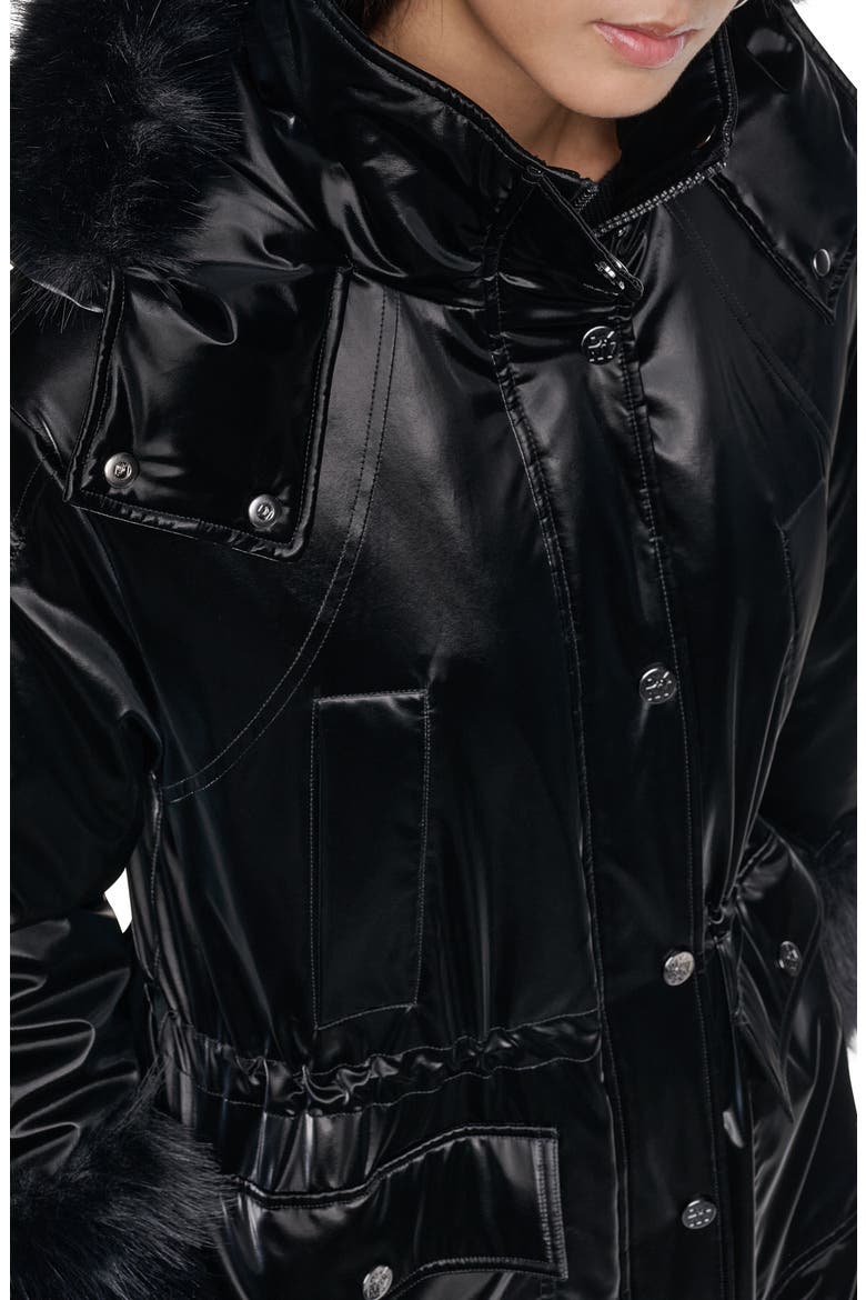 Faux Fur Cuff Nylon Velvet Puffer Coat, Alternate, color, BLACK