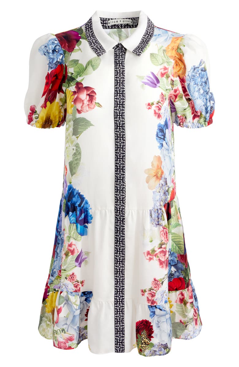 Alice + Olivia Claire Placed Floral Tiered Mini Shirtdress, Alternate, color, Garden Brunch Off White