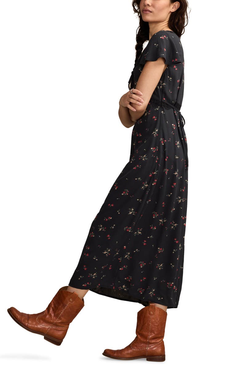 Lucky Brand Lace Trim Flutter Sleeve Midi Dress, Alternate, color, 